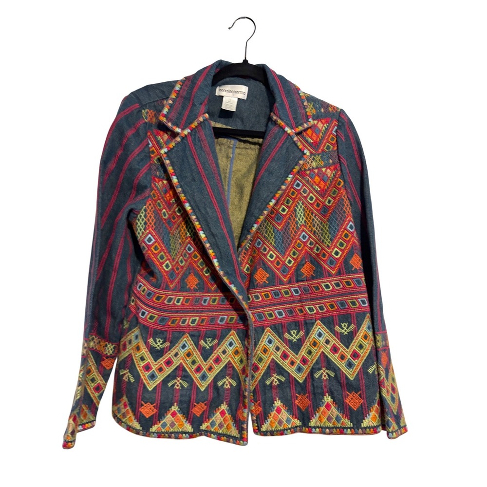 Bonnie & Norma Denim Blazer Boho‎ Embroidered Blue Multi Geometric XL